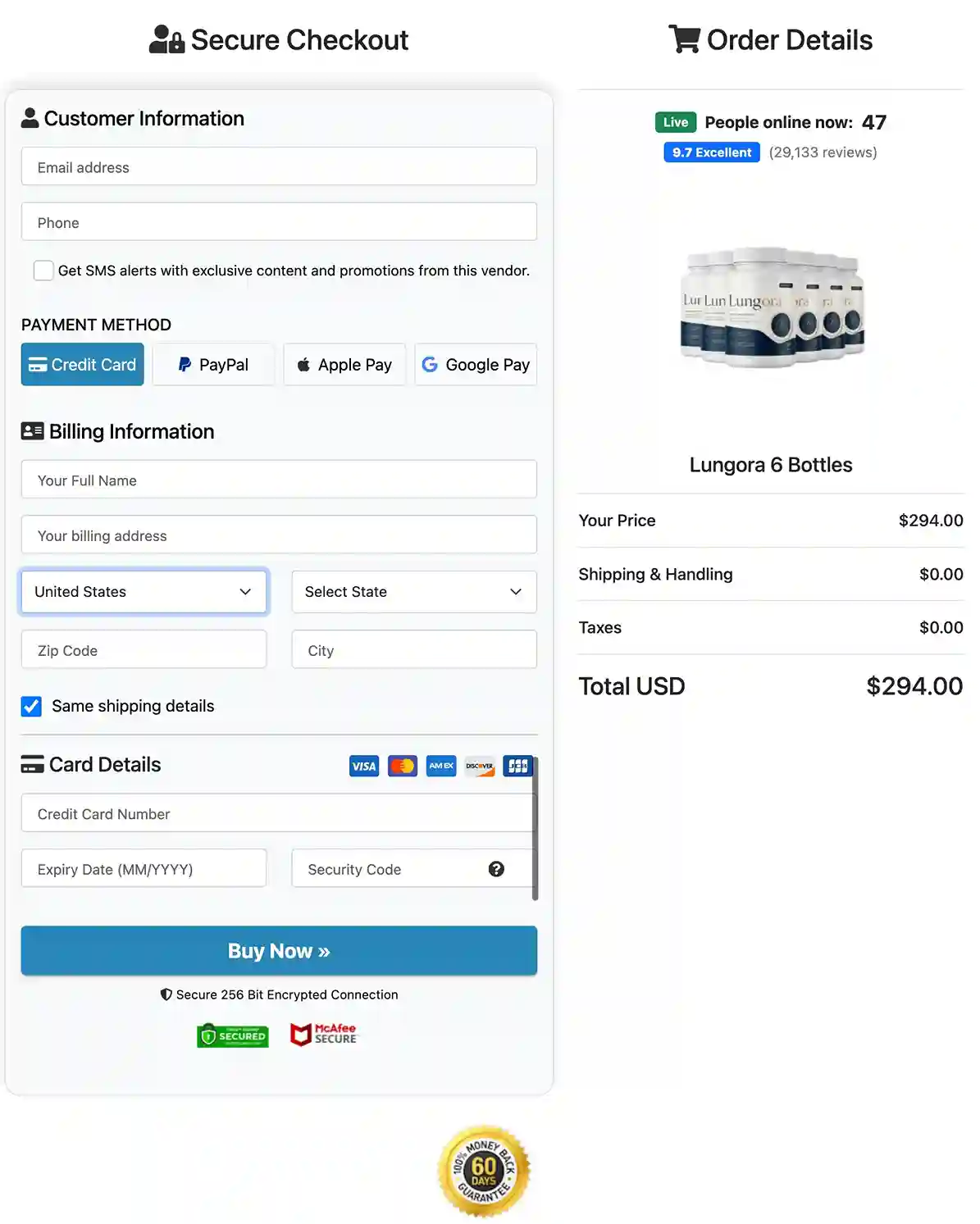 Lungora secure payment methods accepted
